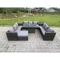 Fimous Outdoor Rattan Garden Furniture Sofa Set Patio Adjustable Rising Lifting Dining Table Set with Side Table in Dark Grey