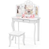 Gymax Vanity Table Stool Set Princess Makeup Desk With Lighted Folded Mirror in White