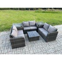 Fimous Outdoor Garden Furniture Sets 6 Seater Wicker Rattan Furniture Sofa Sets with Square Coffee Table Love seat Sofa 2 Side Tables in Dark Grey