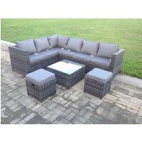 Fimous 8 Seater Rattan Corner Sofa Set With Square Coffee Table Footstools in Dark Grey