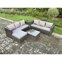 Fimous Wicker Rattan Garden Furniture Sofa Set with Square Coffee Table Big Footstool 7 Seater Outdoor Rattan Set in Dark Grey