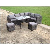 Fimous Dark Mixed Grey Rattan Garden Outdoor Corner Sofa Set Rectangular Dining Table Small Footstools 8 Seater in Dark Grey