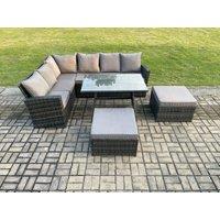 Fimous High Back Outdoor Garden Furniture Set Rattan Corner Sofa Dining Table Set With 2 Big Footstools 8 Seater in Dark Grey