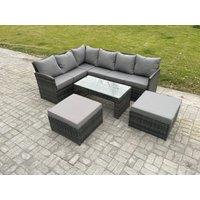 Fimous Rattan Garden Furniture Sets High Back Corner Sofa Oblong Coffee Table Set with 2 Big Footstool Dark Grey Mixed