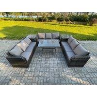 Fimous 9 Seater Wicker Rattan Garden Furniture Set with Rectangular Dining Table 2 Side Tables Patio Outdoor Lounge Sofa Set in Dark Grey
