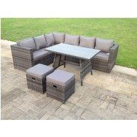 Fimous Dark Mixed Grey Rattan Garden Outdoor Corner Sofa Set Rectangular Dining Table Small Footstools 8 Seater in Dark Grey