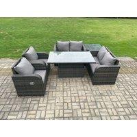 Fimous Rattan Furniture Outdoor Garden Dining Set Height Adjustable Rising lifting Table Love Sofa Chair With Side Table in Dark Grey