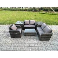 Fimous High Back Rattan Garden Furniture Set w/ Loveseat Sofa Rectangular Coffee Table 2 Side Tables Indoor Outdoor Patio Lounge Sofa Set Dark Grey