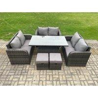Fimous Rattan Garden Outdoor Furniture 3 PC Love Sofa Set Patio Adjustable Rising lifting Dining Table With 2 Small Footstools in Dark Grey