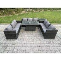 Fimous 9 Seater Outdoor Rattan Garden Furniture Sofa Set Patio Adjustable Rising Lifting Dining Table Set in Dark Grey