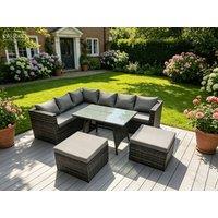 Fimous 8 Seater Rattan Corner Sofa Set Dining Table 2 Big Footstool Garden Furniture Outdoor in Dark Grey