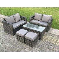 Fimous Dark Grey Rattan Garden Furniture Set Love Sofa 2 Seater Sofa Set Outdoor Rectangular Coffee Table 6 Seater