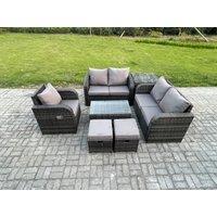 Fimous High Back Rattan Garden Furniture Set w/ Loveseat Sofa Rectangular Coffee Table Side Table 2 Small Footstools Indoor Outdoor Patio Lounge Sofa