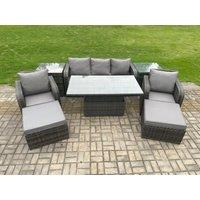 Fimous Outdoor Rattan Furniture Sofa Garden Dining Sets Adjustable Rising lifting Table & Chair Set With 2 Side Tables in Dark Grey
