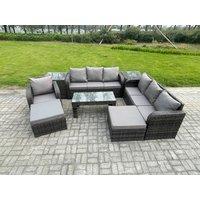 Fimous Outdoor Lounge Sofa Set 9 Seater Rattan Garden Furniture Set with Rectangular Coffee Table 3 Seater Sofa 2 Side Tables 2 Big Footstool