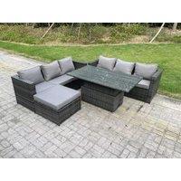 Fimous 7 Seater Wicker PE Rattan Garden Furniture Sofa Set Outdoor Adjustable Rising Lifting Dining Table Set in Dark Grey