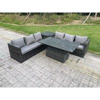 Fimous 6 Seater Rattan Sofa Set Adjustable Lifting Dining Table Side Tea Coffee Table in Dark Grey