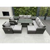 Fimous Rattan Outdoor Garden Furniture Sets Rising lifting Dining Table Reclining Chair Sofa Set with 2 Side Tables 2 Big Footstools in Dark Grey