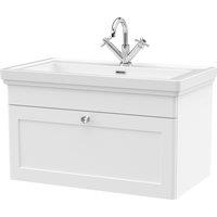 Balterley Bathroom Wall Hung 1-Drawer Vanity Unit & Fireclay Basin, White, 800mm in White