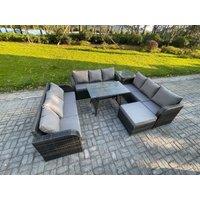 Fimous 10 Seater Wicker Rattan Garden Furniture Set with Rectangular Dining Table Big Footstool Side Table Patio Outdoor Lounge Sofa Set in Dark Grey