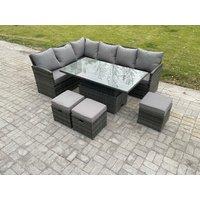 Fimous Wicker PE Outdoor Rattan Garden Furniture Set Height Adjustable Rising Lifting Table Sofa Dining Set with 3 Small Footstools in Dark Grey