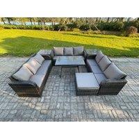 Fimous 10 Seater Wicker Rattan Garden Furniture Set with Rectangular Dining Table 2 Side Tables Big Footstool Patio Outdoor Lounge Sofa Set