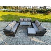 Fimous 10 Seater Wicker Rattan Garden Furniture Set with Rectangular Dining Table Big Footstool Patio Outdoor Lounge Sofa Set in Dark Grey