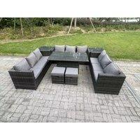 U Shape Rattan Sofa Set Adjustable Rising Dining Table With 2 Side Coffee Table
