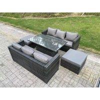 Fimous 8 Seater Rattan Sofa Garden Furniture Set Outdoor Adjustable Rising Lifting Dining Table Set with Footstool in Dark Grey