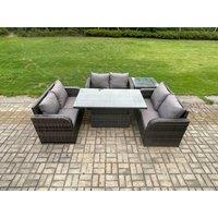 Fimous Outdoor Rattan Furniture Garden Dining Set Height Adjustable Rising lifting Table With 3 PC Love Sofa Side Table in Dark Grey