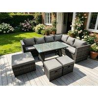 Fimous 9 Seater Grey Rattan Corner Sofa Set Dining Table with 2 Small Footstool Garden Furniture Outdoor in Dark Grey
