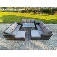 Fimous Rattan Garden Furniture Set 11 Seater Patio Outdoor Lounge Sofa Set with Side Table Rectangular Dining Table 2 Big Footstool in Dark Grey