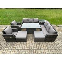 Fimous Rattan Outdoor Garden Furniture Sets Height Adjustable Rising lifting Dining Table Reclining Chair Sofa Set with Side Tables in Dark Grey