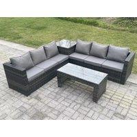 Fimous 6 Seater Rattan Corner Sofa Set With Square Side Table & Oblong Rectangular Coffee Tea Table in Dark Grey