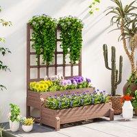 OUTSUNNY 2-Tier Wooden Raised Bed with Trellis & Drainage Holes, Brown