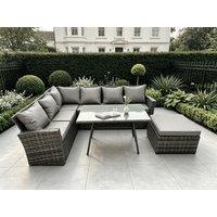 Fimous Outdoor Furniture Garden Dining Set Rattan Corner Sofa Set with Rectangular Dining Table Big Footstool in Dark Grey