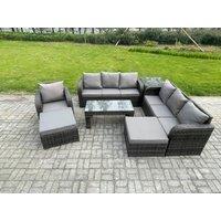 Fimous Outdoor Lounge Sofa Set 9 Seater Rattan Garden Furniture Set with Rectangular Coffee Table 2 Big Footstool 3 Seater Sofa Side Table