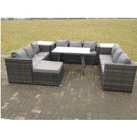 Fimous 10 Seater U Shape Rattan Sofa Set Outdoor Garden Furniture Patio Dining Table Dark Grey Mixed