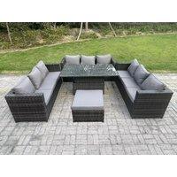Fimous 10 Seater Rattan Garden Furniture Sofa Set Outdoor Adjustable Rising Lifting Dining Table Set with Big Footstool in Dark Grey