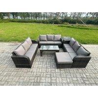Fimous Outdoor Lounge Sofa Set 10 Seater Rattan Garden Furniture Set with Rectangular Coffee Table Side Table Big Footstool 3 Seater Sofa in Dark Grey