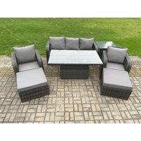 Fimous Outdoor Rattan Furniture Garden Dining Sets Adjustable Rising lifting Table Sofa Set With Chairs Side Tables in Dark Grey