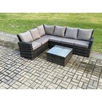 Fimous 6 Seater Outdoor Furniture Garden Dining Set Rattan Corner Sofa Set with Square Coffee Table Dark Grey Mixed
