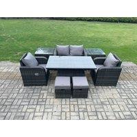 Fimous 6 Seater Rattan Outdoor Furniture Garden Dining Set Patio Height Adjustable Rising lifting Table Love Sofa Chair in Dark Grey