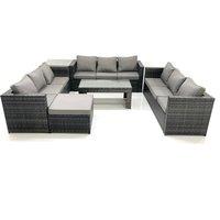 Fimous Outdoor Garden Furniture Set 10 Seater Rattan Sofa Set with Coffee Table Big Footstool Side Table Dark Grey Mixed