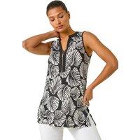 Roman Women's Leaf Print Zip Front Stretch Top in Black | Size: 12