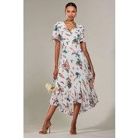 Jolie Moi Women's Angel Sleeve Pleated Chiffon Maxi Dress in Beige | Size: 10