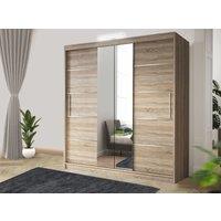 RAC3 OSLO LED 150cm Modern Grey Sliding Bedroom Wardrobe with Mirror & Drawers in Light Oak