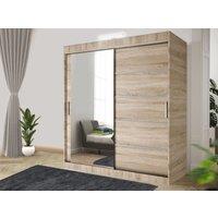RAC3 Modern LED Black Effect 180cm Sliding Door Wardrobe with Mirror & Integrated Drawers, Spacious Bedroom Storage in Light Oak