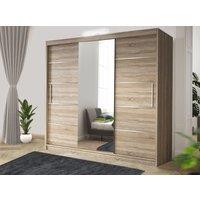 RAC3 Modern LED white Effect 250cm Sliding Door Wardrobe with Mirror & Integrated Drawers, Spacious Bedroom Storage in Light Oak