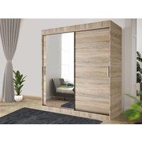 RAC3 Modern grey Effect 203cm Sliding Door Wardrobe with Mirror & Integrated Drawers, Spacious Bedroom Storage in Light Oak